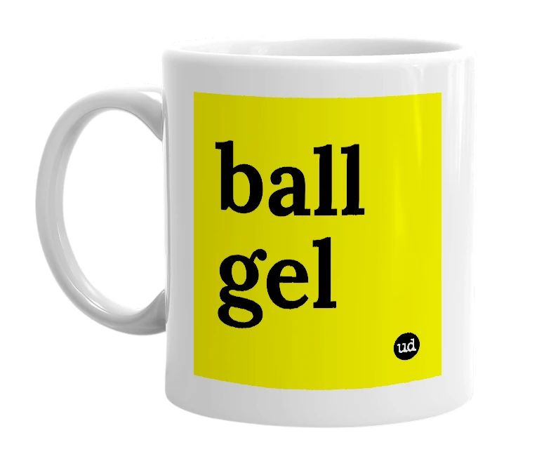 White mug with 'ball gel' in bold black letters