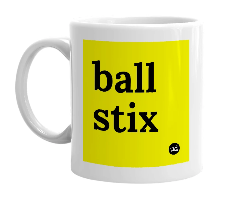 White mug with 'ball stix' in bold black letters