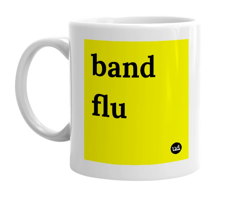 White mug with 'band flu' in bold black letters