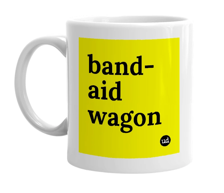 White mug with 'band-aid wagon' in bold black letters