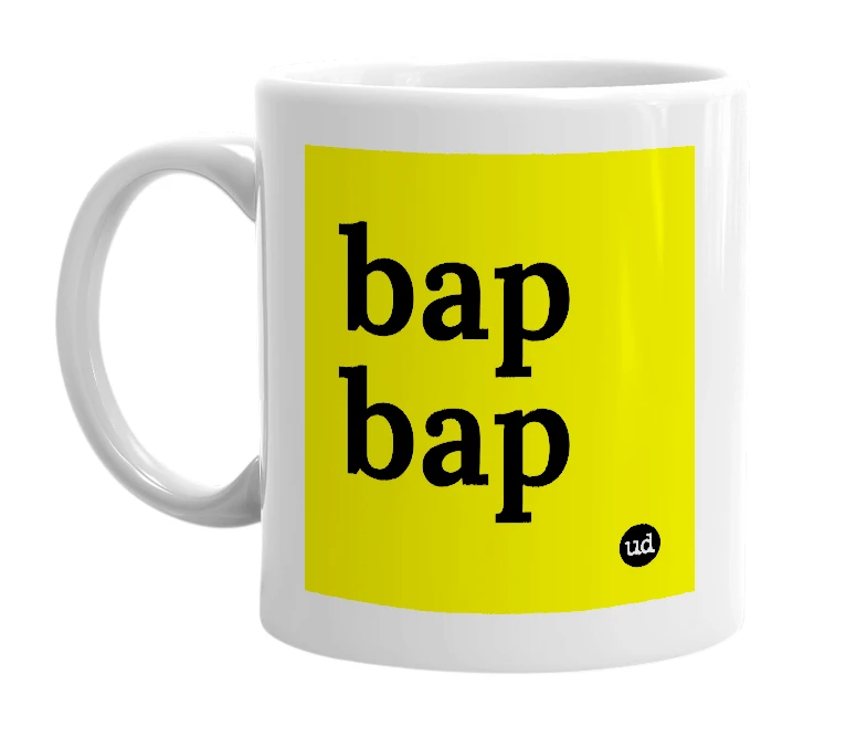 White mug with 'bap bap' in bold black letters