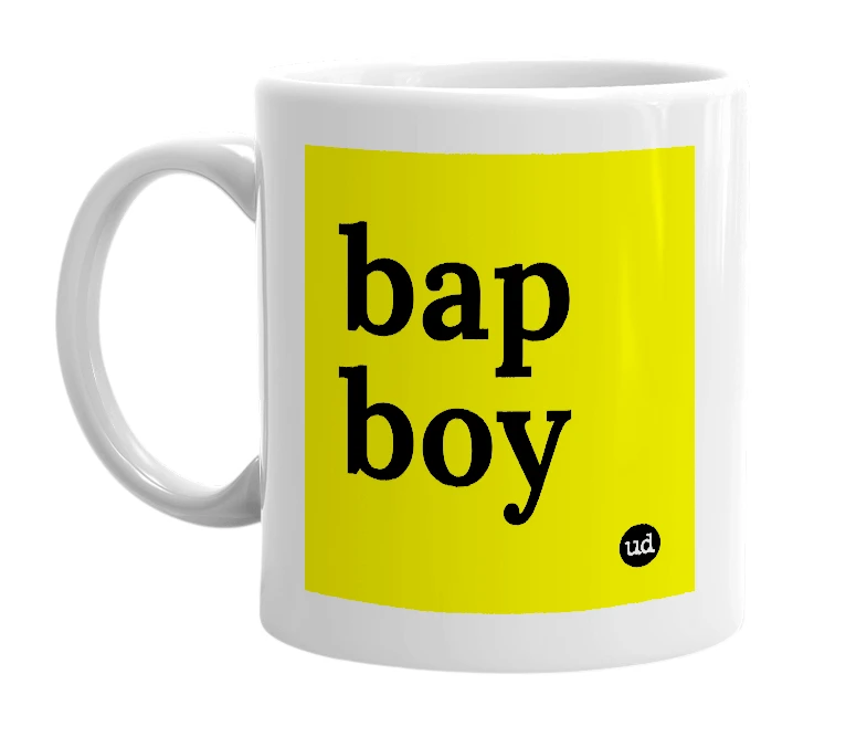 White mug with 'bap boy' in bold black letters