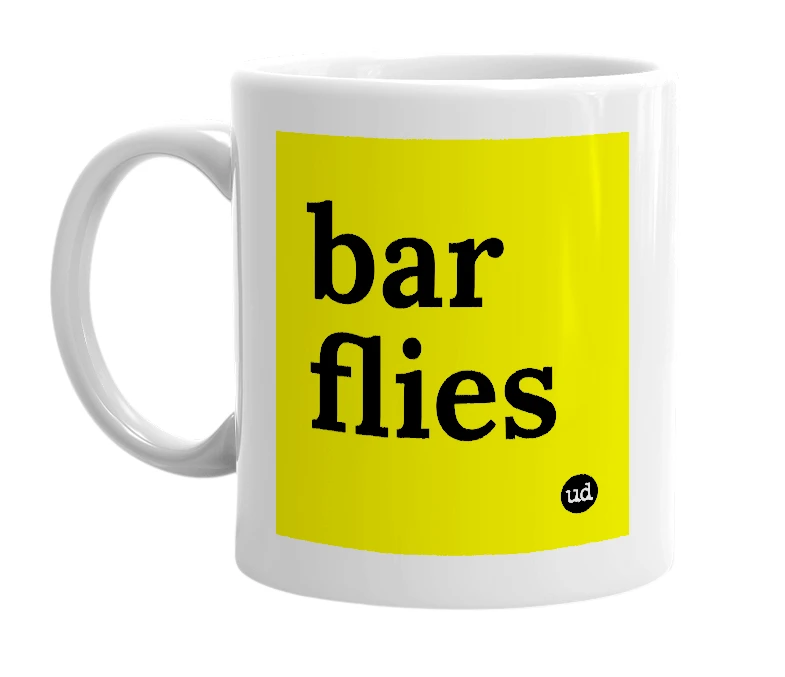 White mug with 'bar flies' in bold black letters