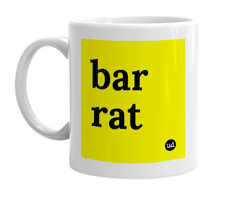 White mug with 'bar rat' in bold black letters