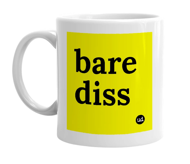 White mug with 'bare diss' in bold black letters