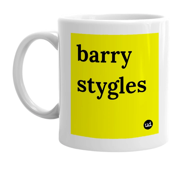 White mug with 'barry stygles' in bold black letters