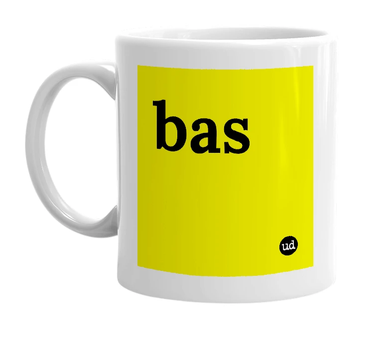 White mug with 'bas' in bold black letters