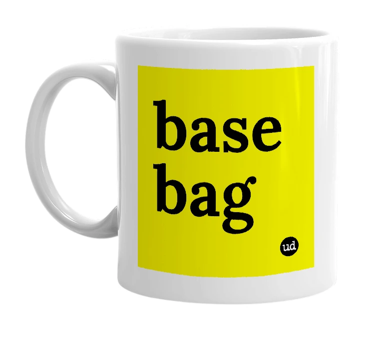 White mug with 'base bag' in bold black letters