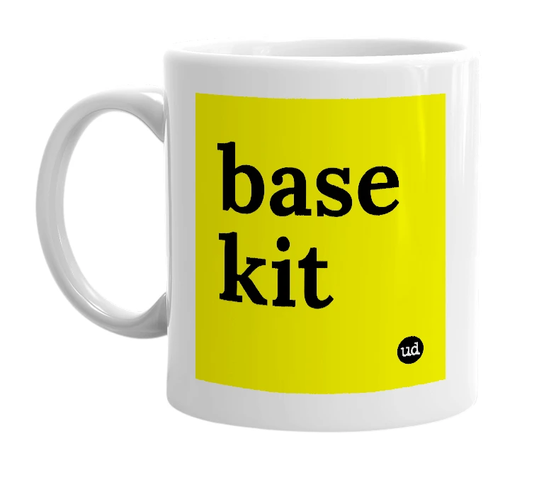 White mug with 'base kit' in bold black letters