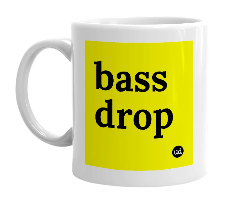 White mug with 'bass drop' in bold black letters