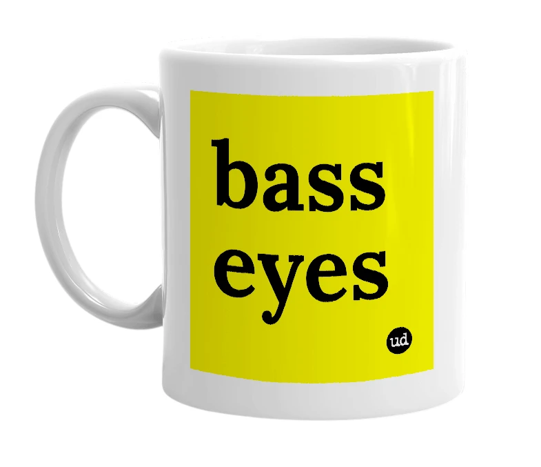 White mug with 'bass eyes' in bold black letters