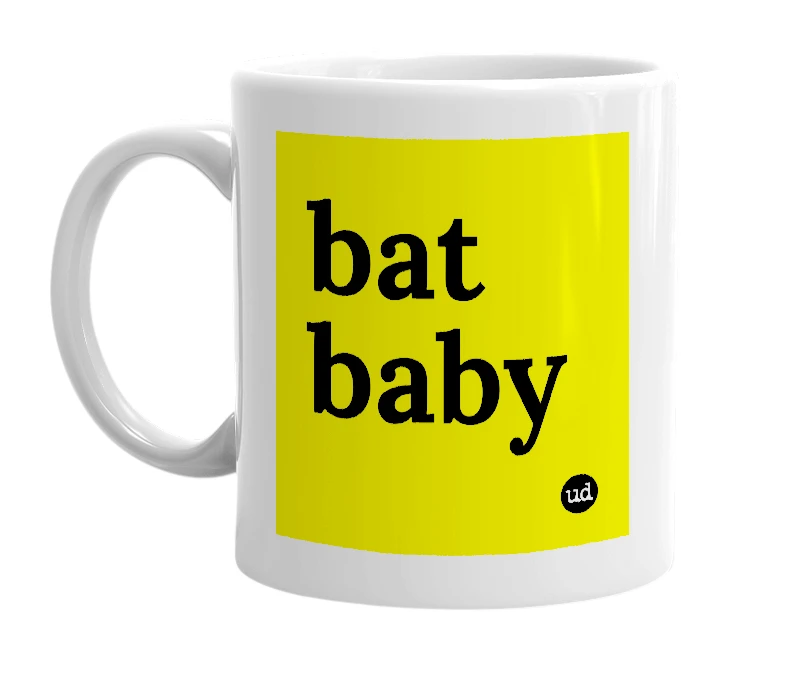 White mug with 'bat baby' in bold black letters