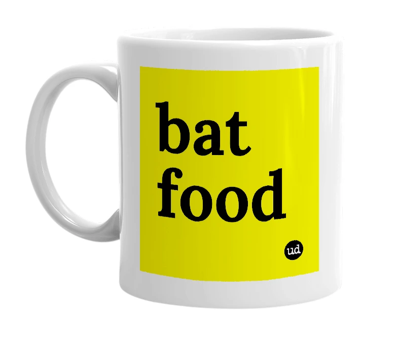 White mug with 'bat food' in bold black letters