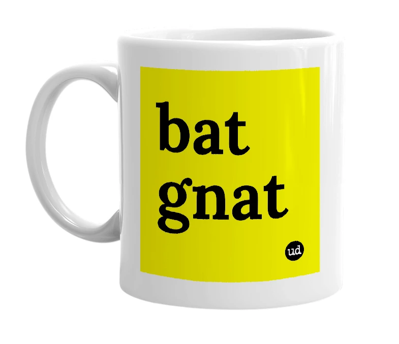 White mug with 'bat gnat' in bold black letters