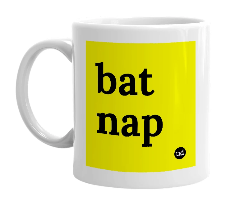 White mug with 'bat nap' in bold black letters
