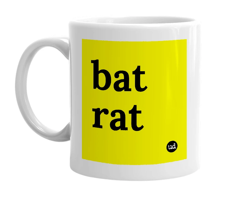 White mug with 'bat rat' in bold black letters