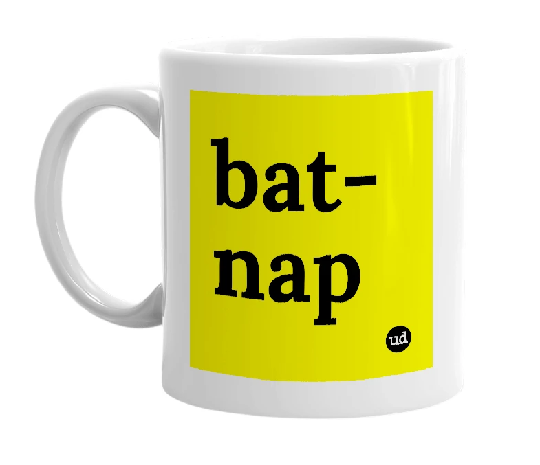 White mug with 'bat-nap' in bold black letters