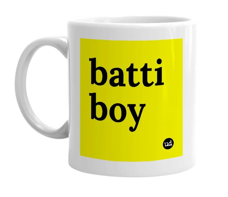 White mug with 'batti boy' in bold black letters