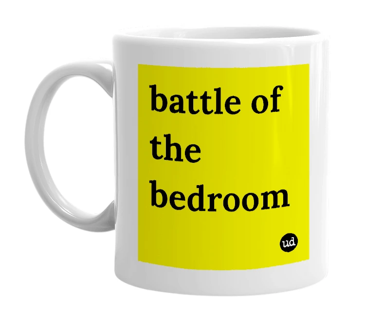 White mug with 'battle of the bedroom' in bold black letters