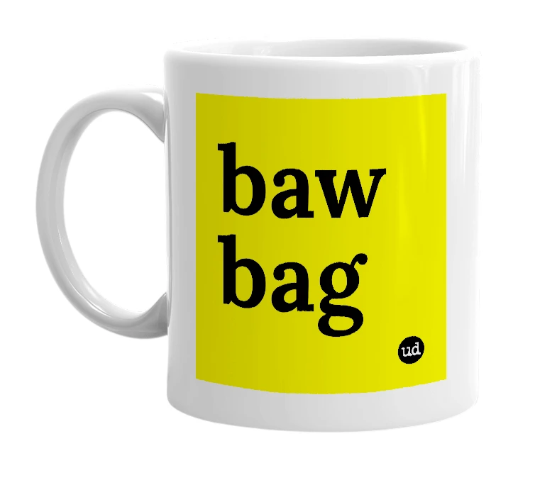 White mug with 'baw bag' in bold black letters