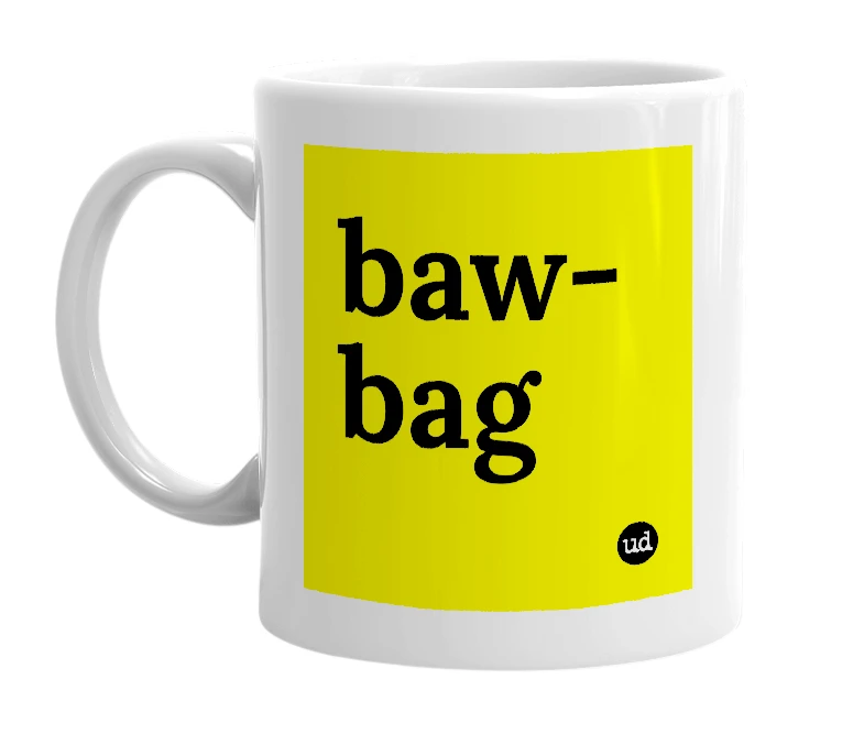 White mug with 'baw-bag' in bold black letters