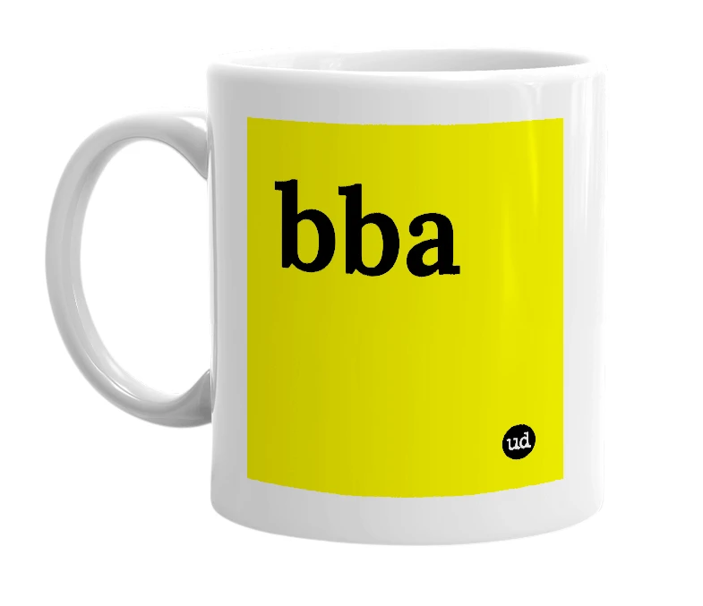 White mug with 'bba' in bold black letters