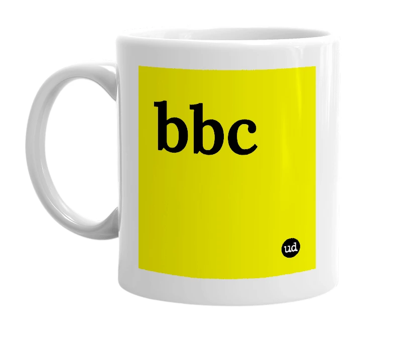 White mug with 'bbc' in bold black letters