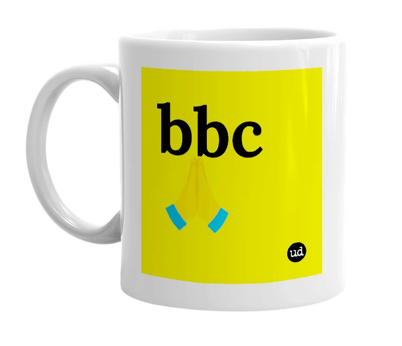 White mug with 'bbc🙏' in bold black letters