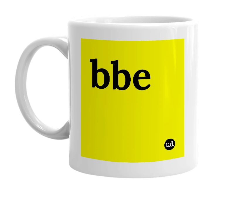 White mug with 'bbe' in bold black letters