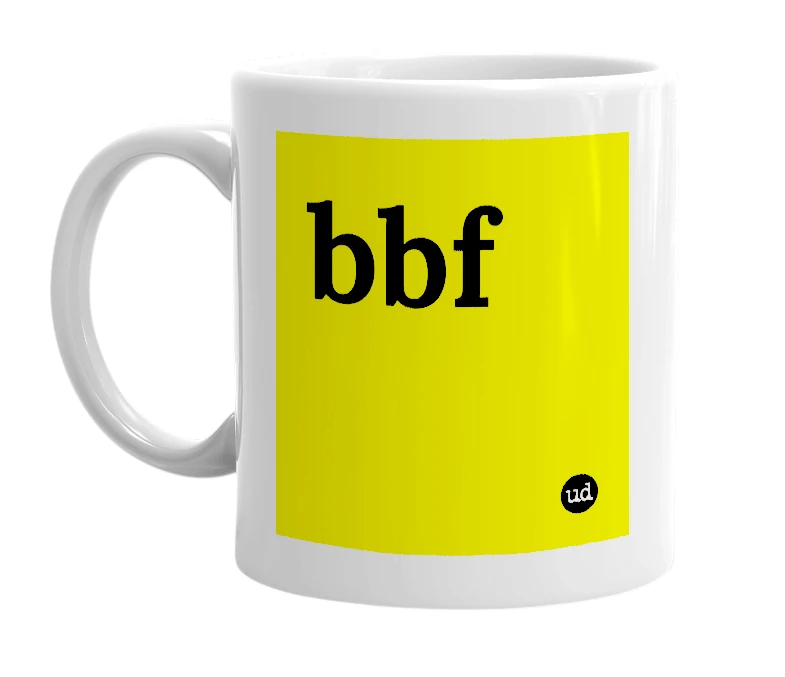 White mug with 'bbf' in bold black letters