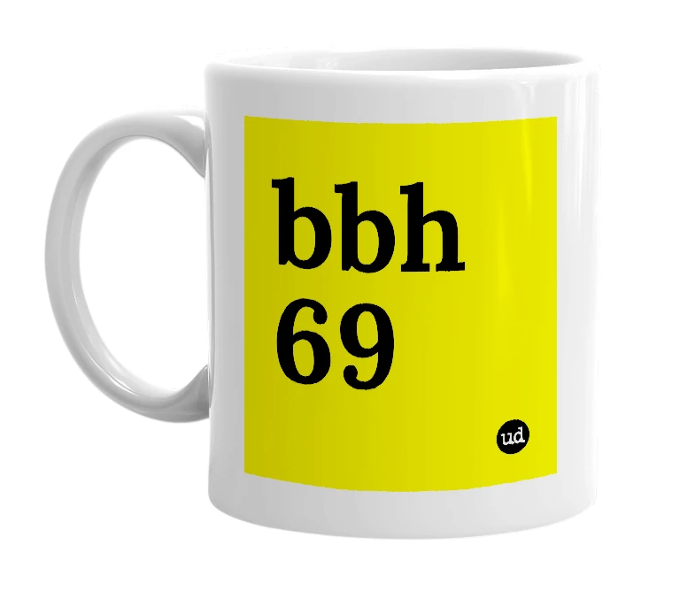 White mug with 'bbh 69' in bold black letters