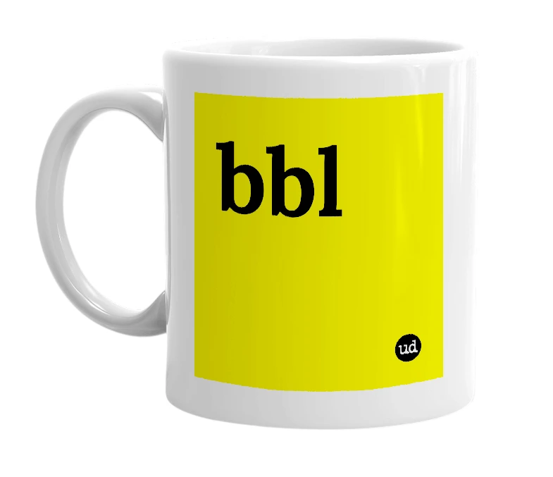 White mug with 'bbl' in bold black letters