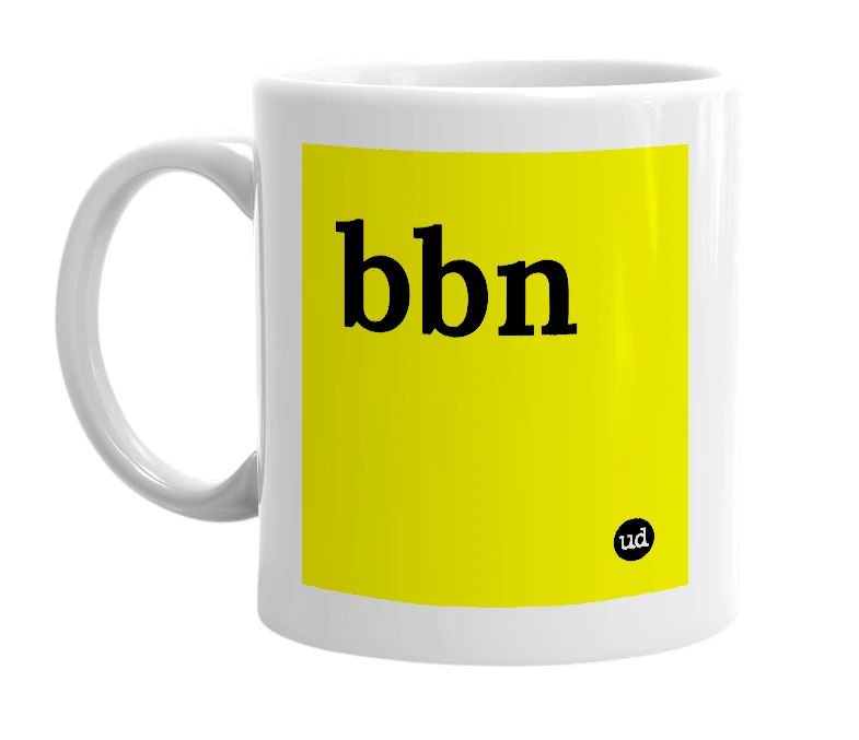 White mug with 'bbn' in bold black letters