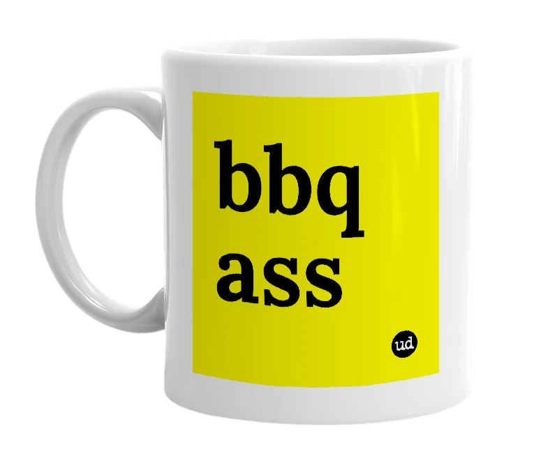 White mug with 'bbq ass' in bold black letters