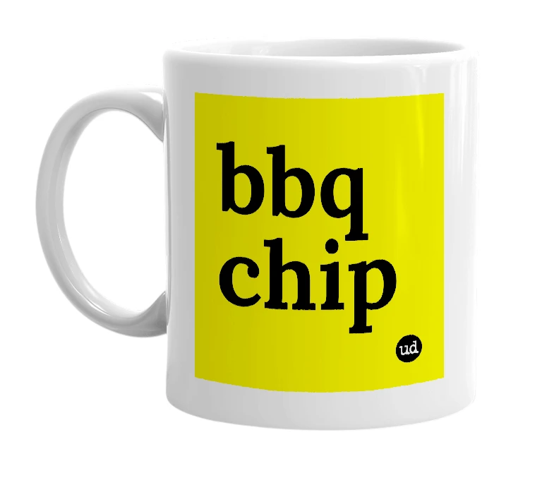 White mug with 'bbq chip' in bold black letters