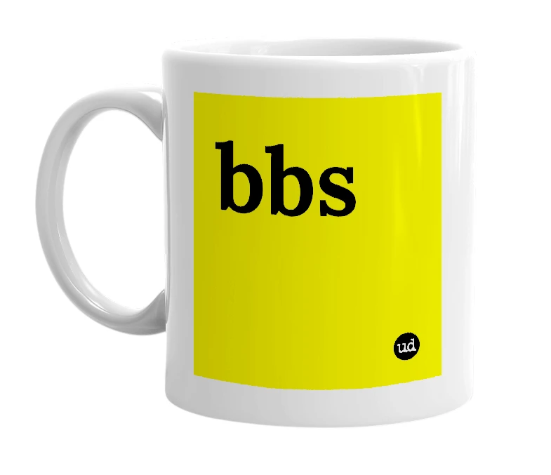 White mug with 'bbs' in bold black letters