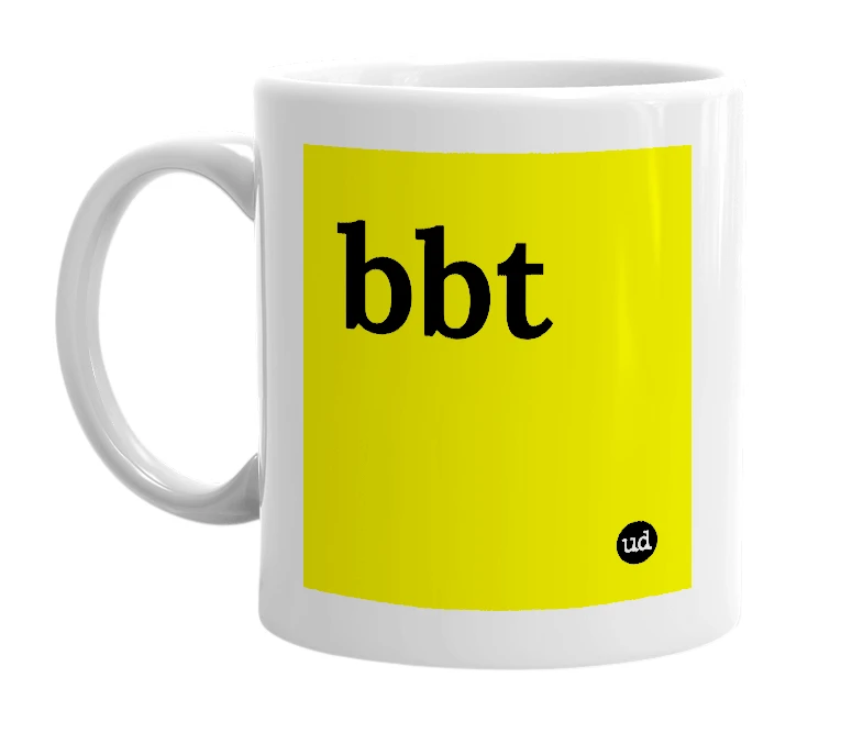 White mug with 'bbt' in bold black letters