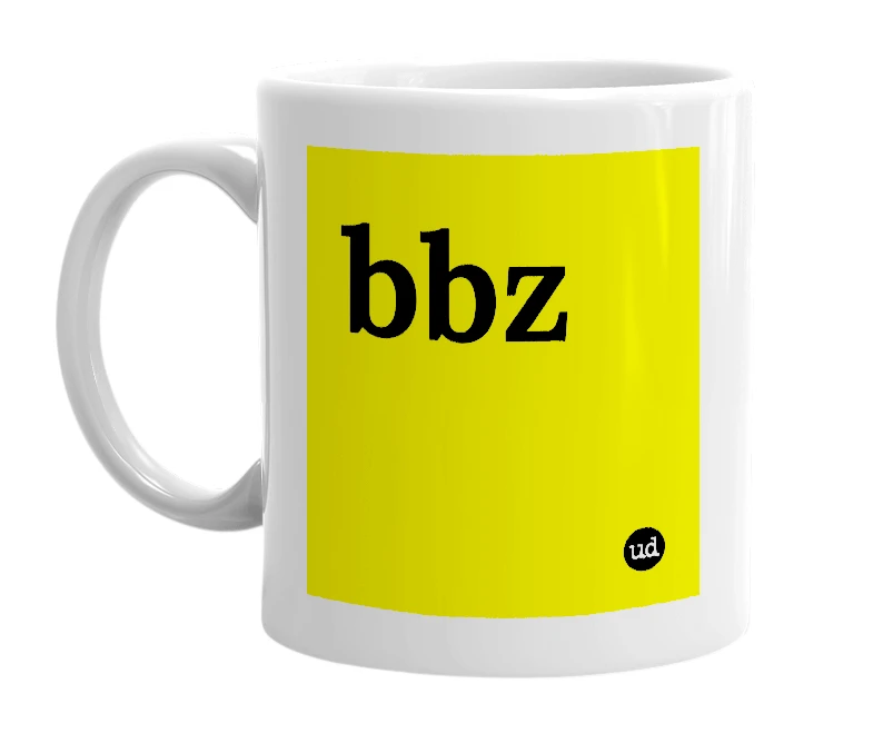 White mug with 'bbz' in bold black letters