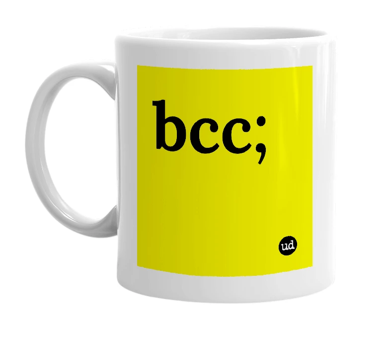 White mug with 'bcc;' in bold black letters