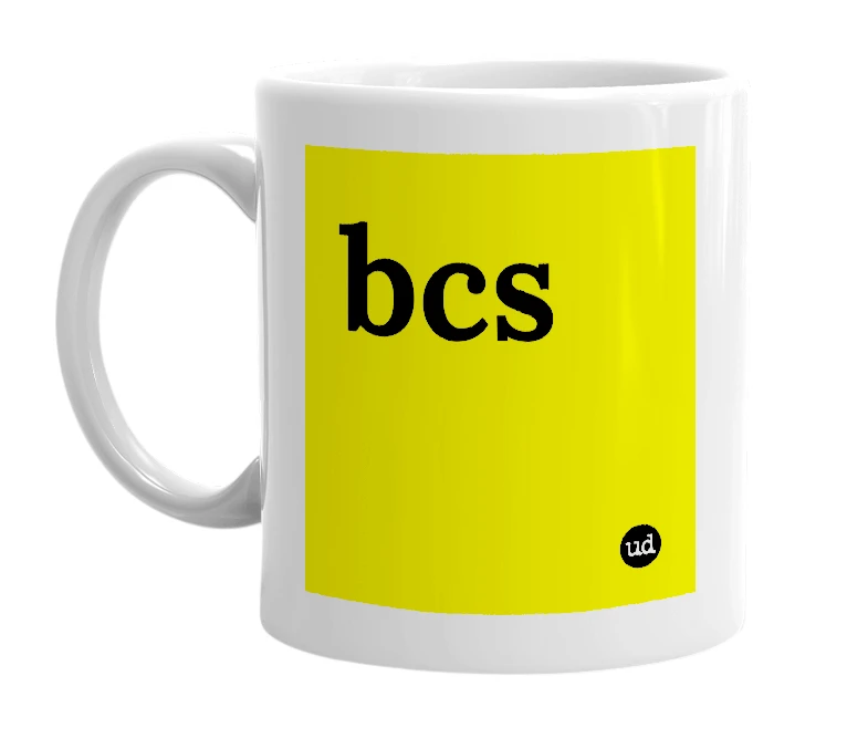 White mug with 'bcs' in bold black letters