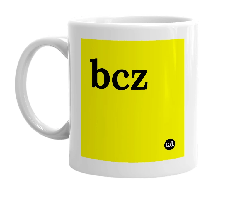 White mug with 'bcz' in bold black letters