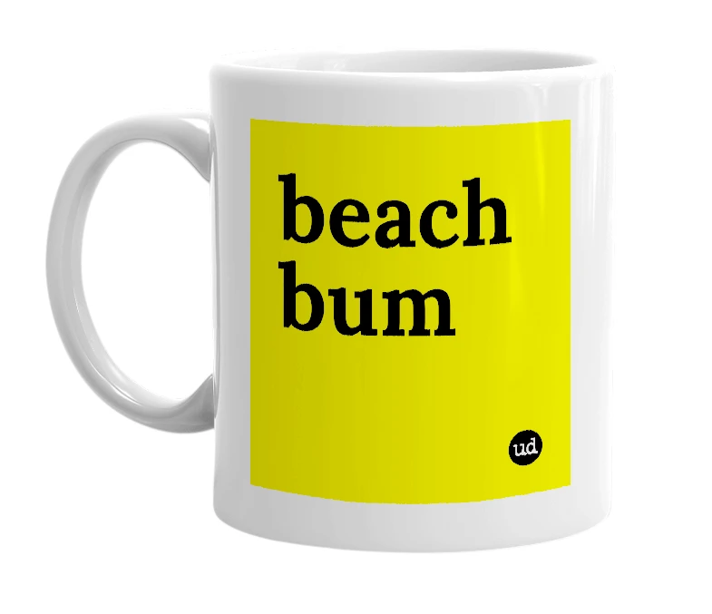 White mug with 'beach bum' in bold black letters