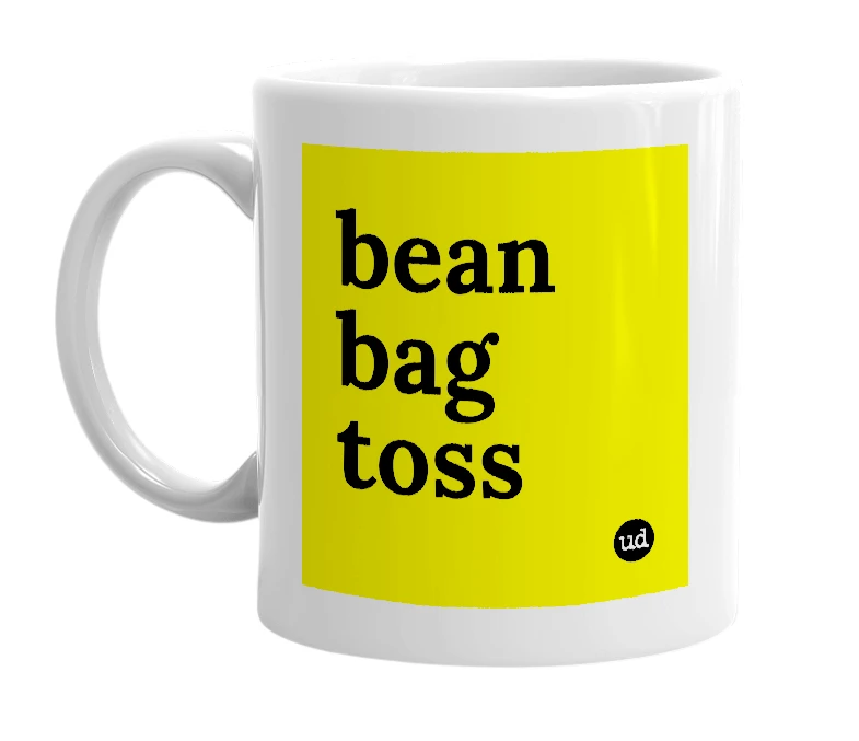 White mug with 'bean bag toss' in bold black letters