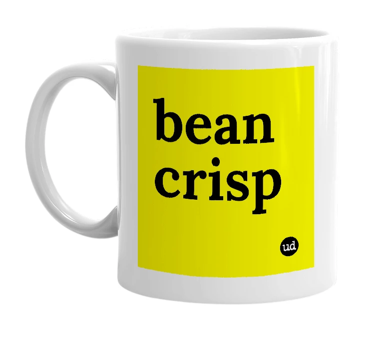 White mug with 'bean crisp' in bold black letters