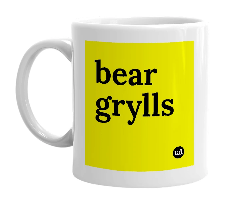 White mug with 'bear grylls' in bold black letters