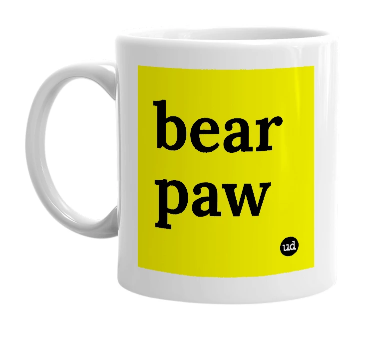 White mug with 'bear paw' in bold black letters