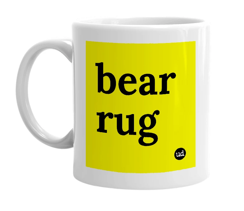 White mug with 'bear rug' in bold black letters