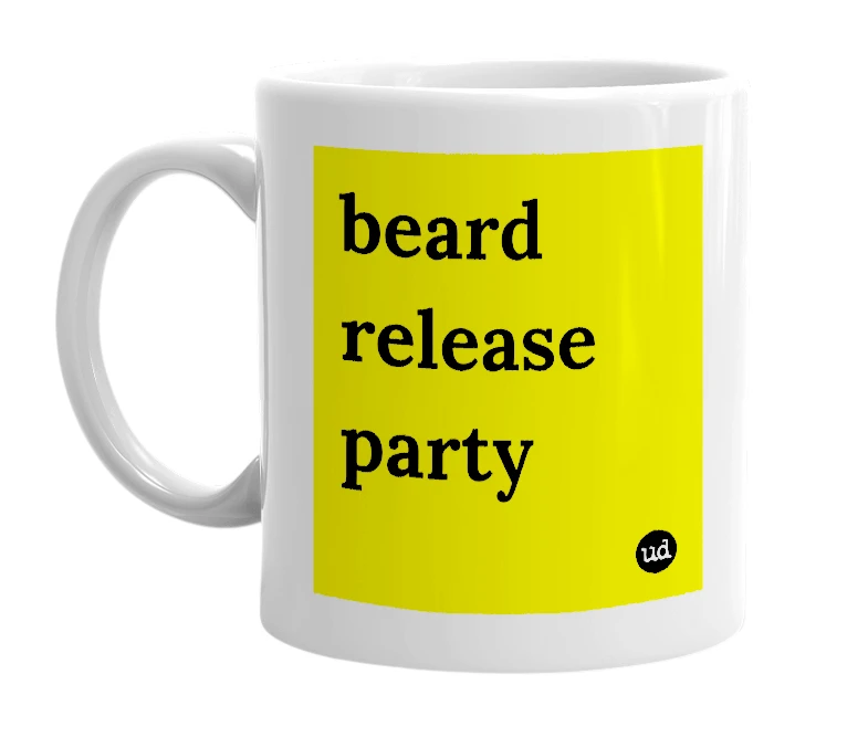 White mug with 'beard release party' in bold black letters