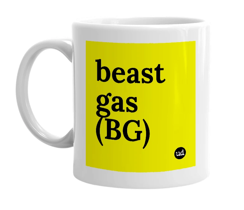White mug with 'beast gas (BG)' in bold black letters