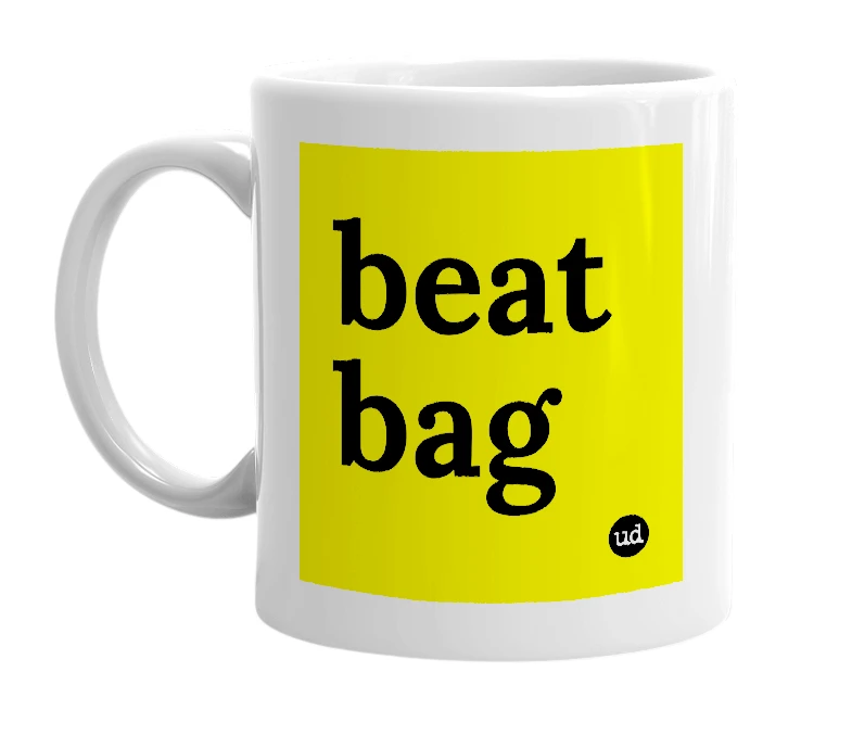 White mug with 'beat bag' in bold black letters